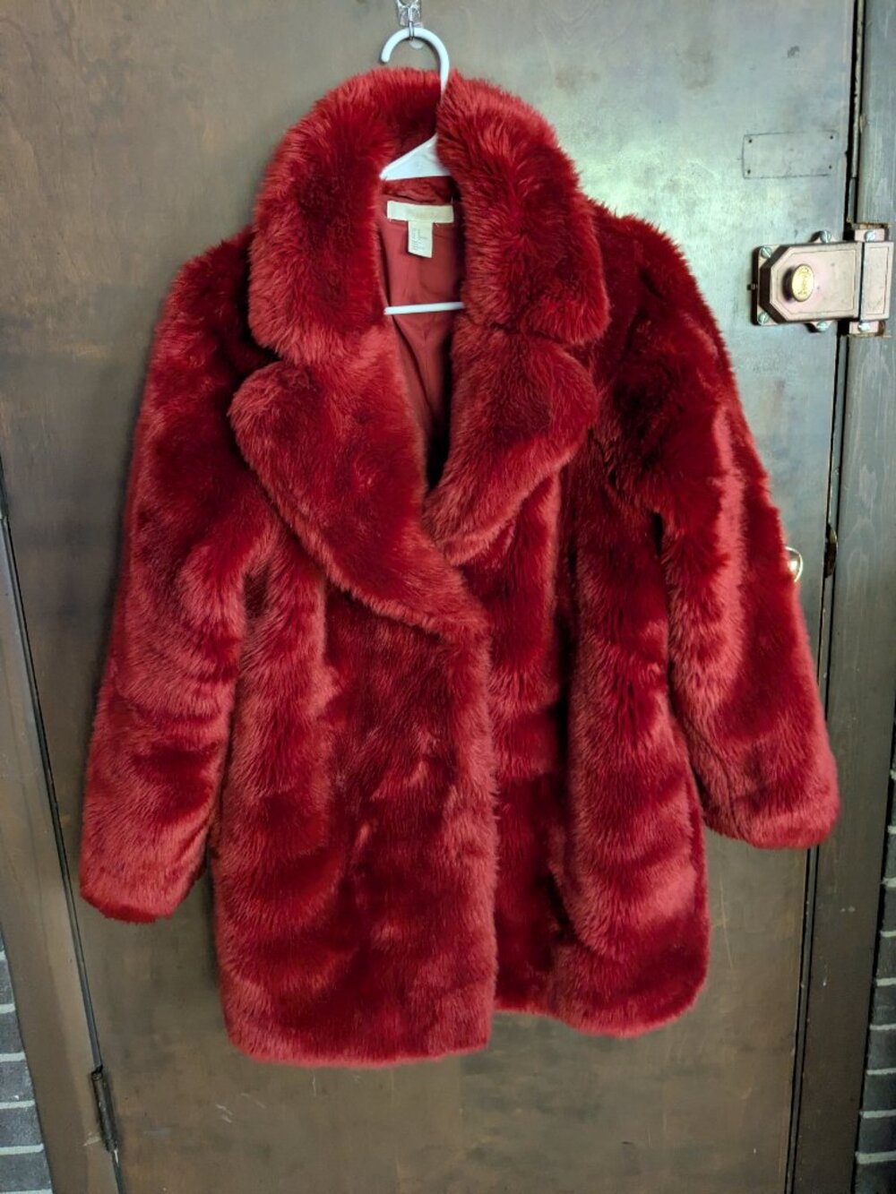 H&M Faux Fur Coat, size US 10, red orange